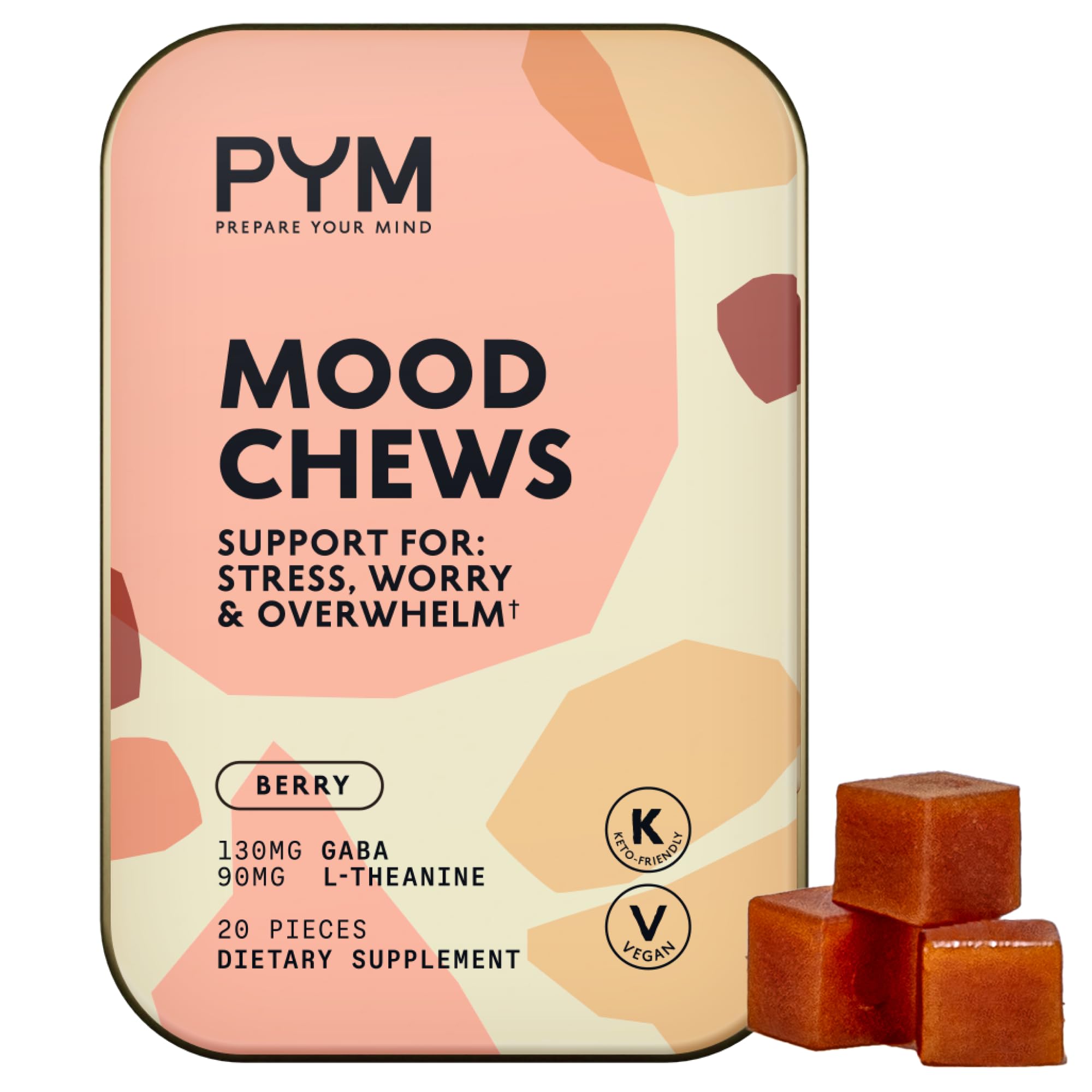 PYM Berry Mood Chews Support for Stress, Worry & Overwhelm, 20 Count | 130mg GABA, 90mg L-Theanine | Vegan, Non-GMO, Gluten-Free, No Added Sugar | All-Natural Mood Balance Supplement Made in USA