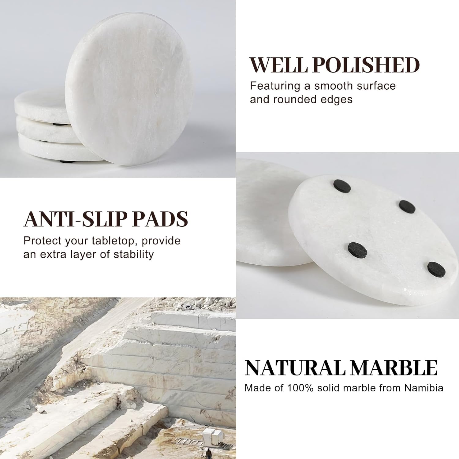 Koville Marble Coaster Set of 4, Round White Coasters, 4" Cup Coasters for Drinks, Heat Resistant Coaster for Coffee Table Home Office Bar Decor(Namib Fantasy) - Image 3