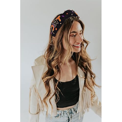 Vista 24 de Diademas de Halloween para mujer, diadema anudada con cuentas de truco o trato, diadema con nudo superior con diamantes de imitación, accesorio