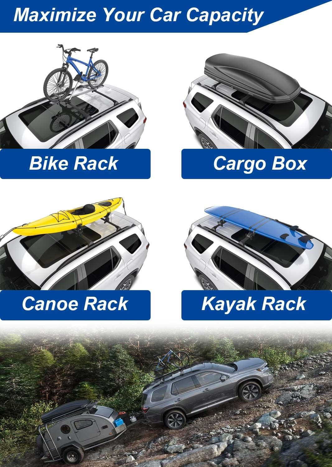 Four images demonstrating various uses of the roof rack: carrying a bike, a cargo box, a canoe, and a kayak.