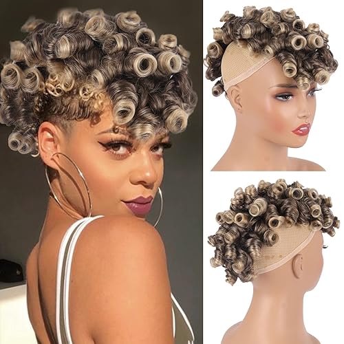 Miniatura 14 de Peluca corta Afro rizada con flequillo y clip para cola de caballo en cabello rizado sintético hecho de fibra de Kanekalon, moño de cola de caballo