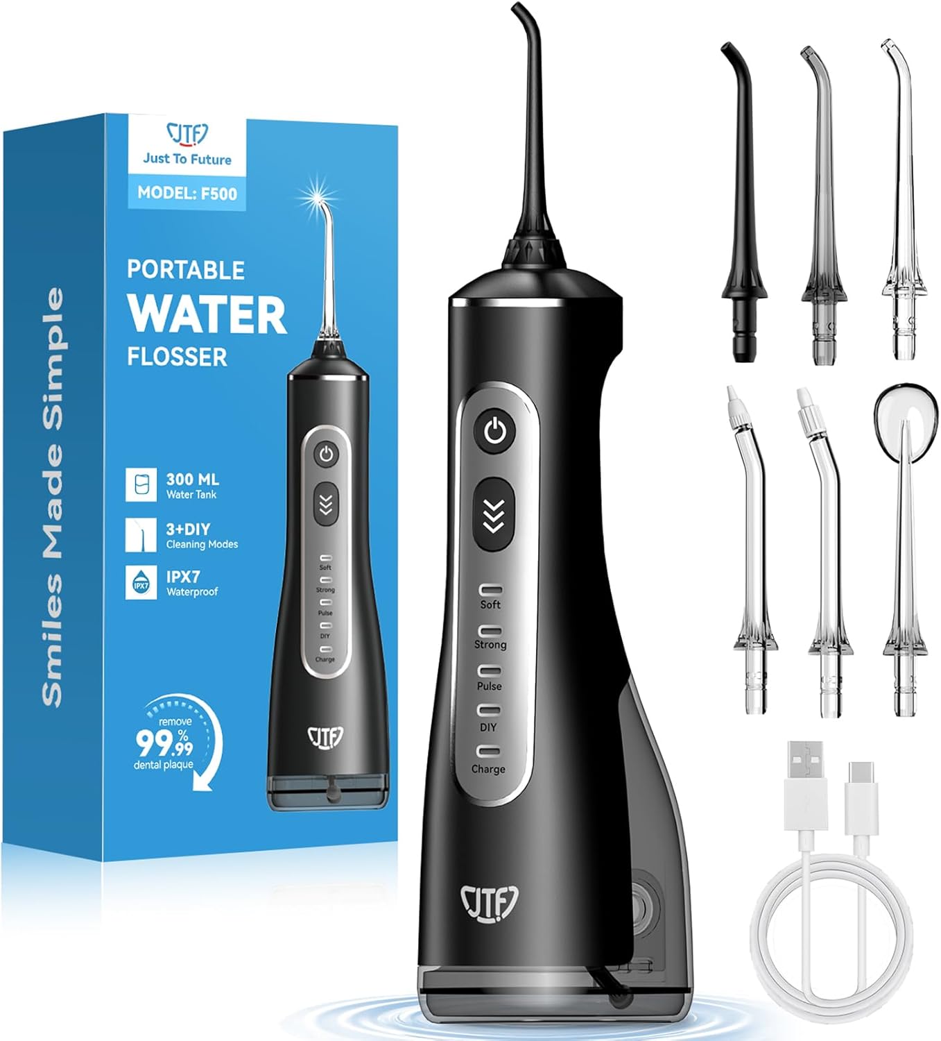 JTF Portable Water Flosser for Teeth: 3 Modes & 10 DIY Pressure Levels Cordless Oral Irrigator for Braces & Sensitive Gums - with 300ML Tank & 6 Tips, Rechargeable Electric Dental Pick for Home Travel