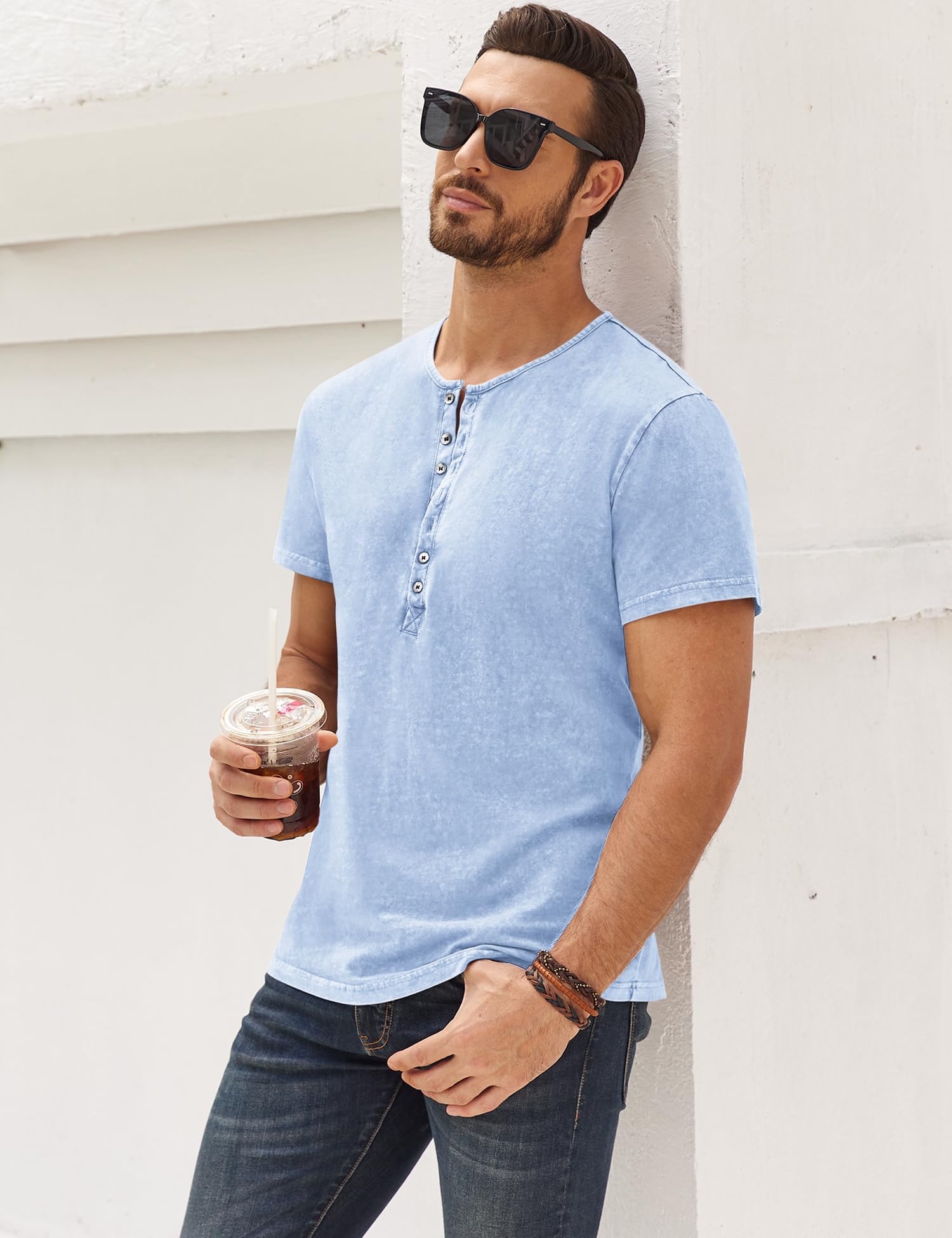 Beotyshow Hemd Herren Langarm Henley Shirt Männer Freizeithemd Vintage Casual Leicht Baumwolle Slim Fit T-Shirt