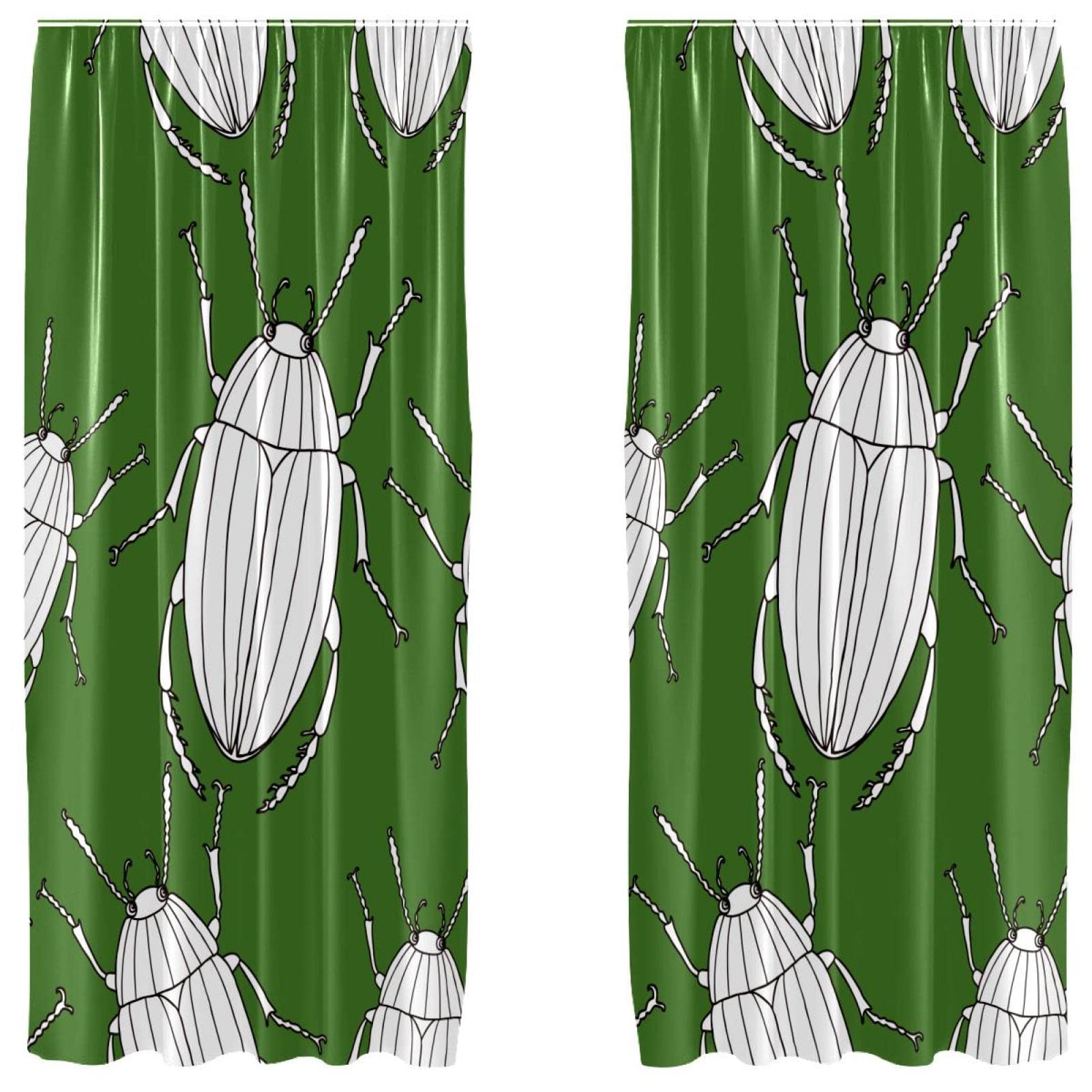 Rideaux verts imprimé coléoptères 140x213 cm | Lot de 2 voilages légers pour fenêtre