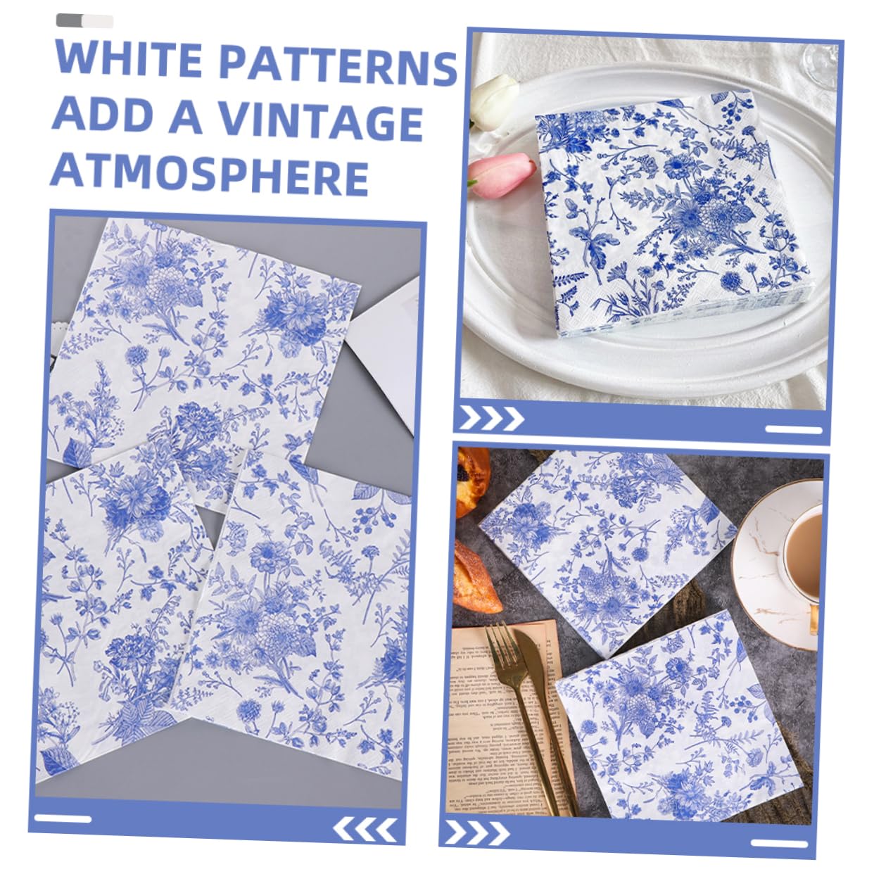 SHERCHPRY 2 Series Servilleta Azul Y Servilletas De Flores Antiguas Servilletas De Papel Decorativas De Despedida De Soltera Linda 100 Piezas*2