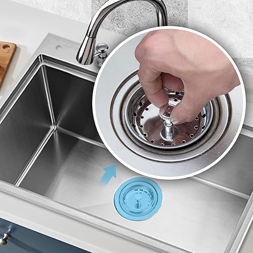 Miniatura 8 de Juego de 2 cestas de repuesto para fregadero de cocina y tapón para drenaje estándar de 3-12 pulgadas, cesta de acero inoxidable con tapón de goma
