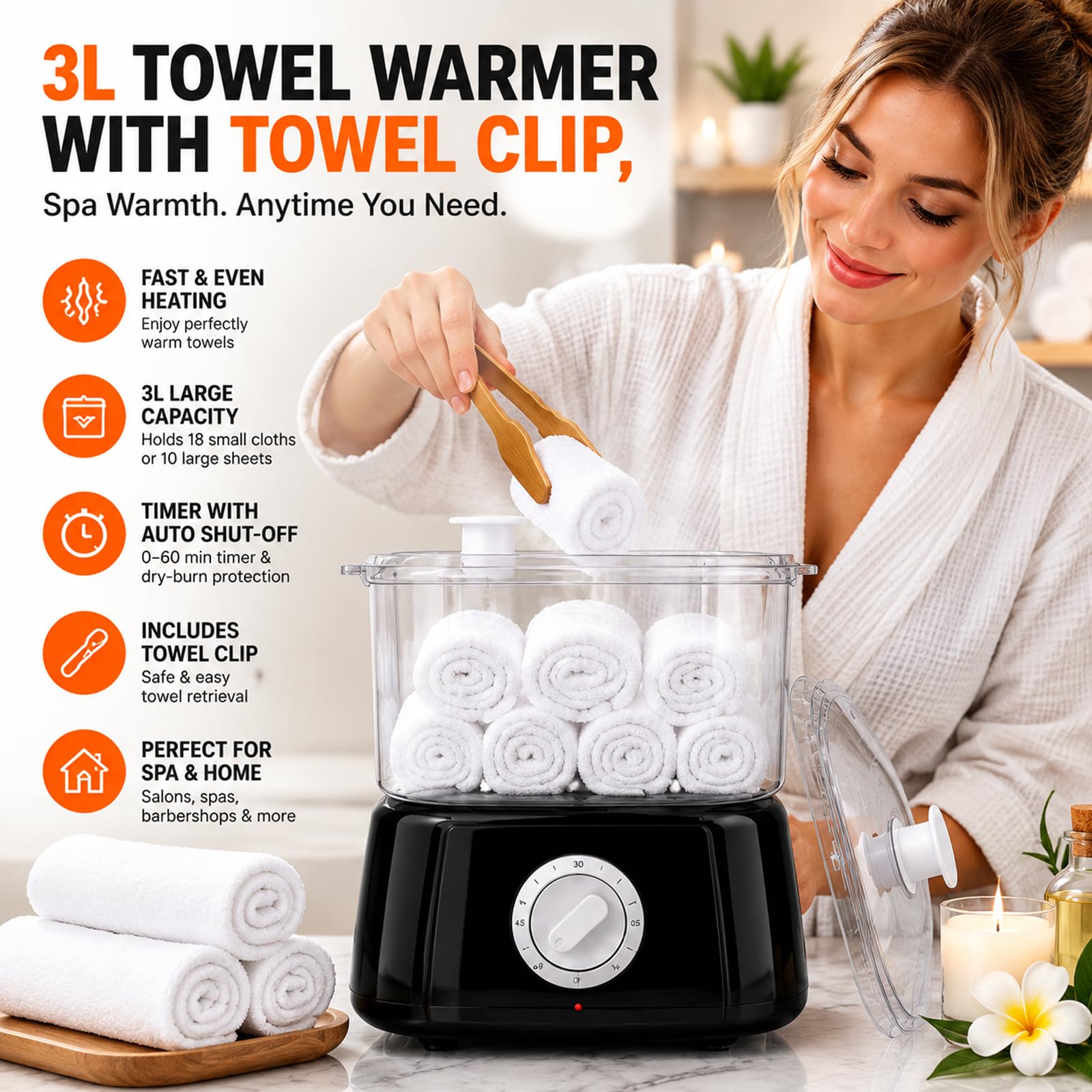 Scaldasalviette da 3 Litri con Clip per Asciugamano, Timer 0-60 Minuti