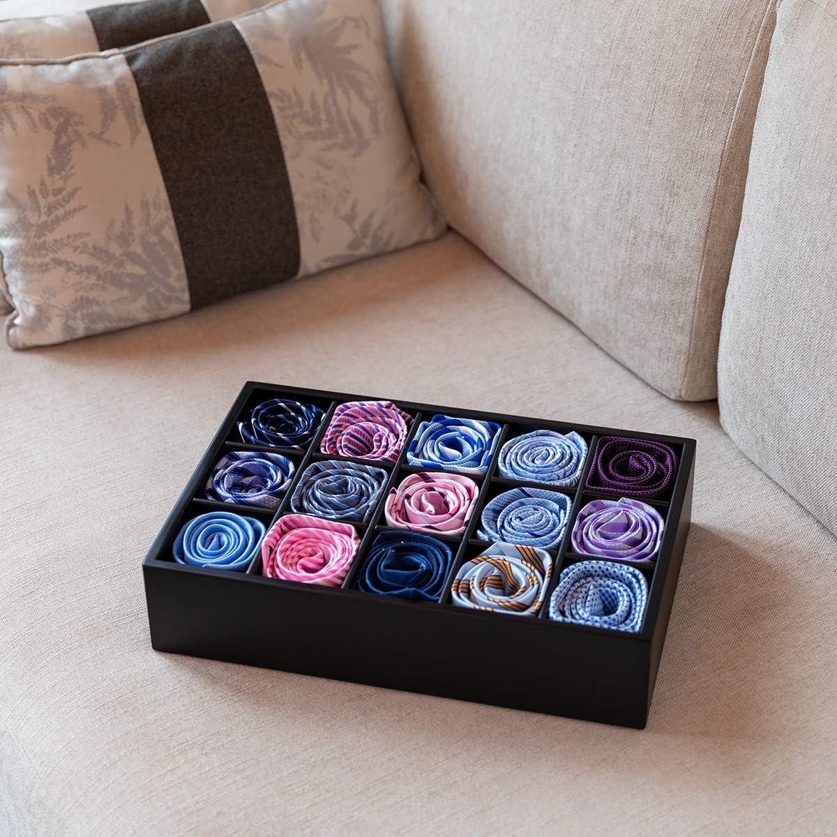 GOBAM Bamboo Closet Drawer Organizer, 15 Compartments - Drawer Divider & Storage Box for Ties, Bras, Briefs, Socks & Jewelry - Storage Organizer for Dressing Room & Bedroom - Black