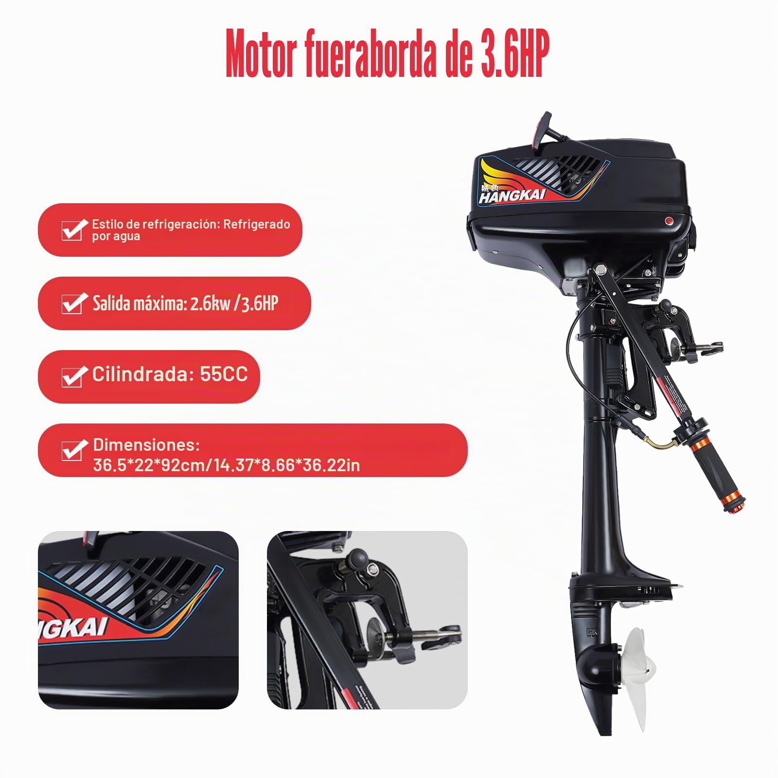 Motor fueraborda de 3,6 CV, motor de gasolina de 2 tiempos, motor de barco de dos tiempos, refrigerado por agua, sistema de refrigeración por aire para botes inflables, barcos de pesca, barcos