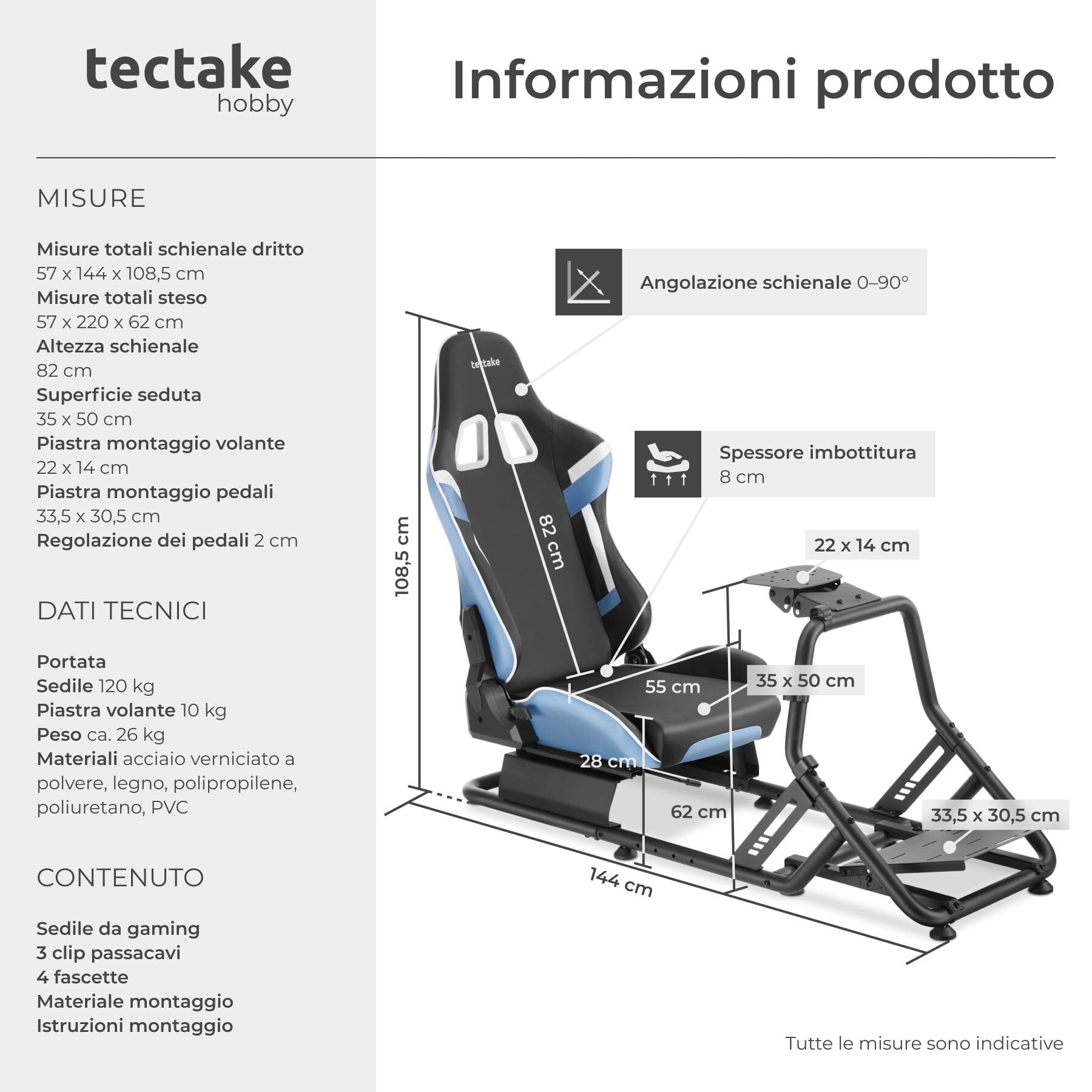 tectake® Sedia Gaming, Postazione Corsa Racing GT, Gaming Chair per Simulatore di Guida, adatto a vari Brand di Volante PC e Console, Seduta regolabile, cockpit sim racing in acciaio, Nero/Azzurro