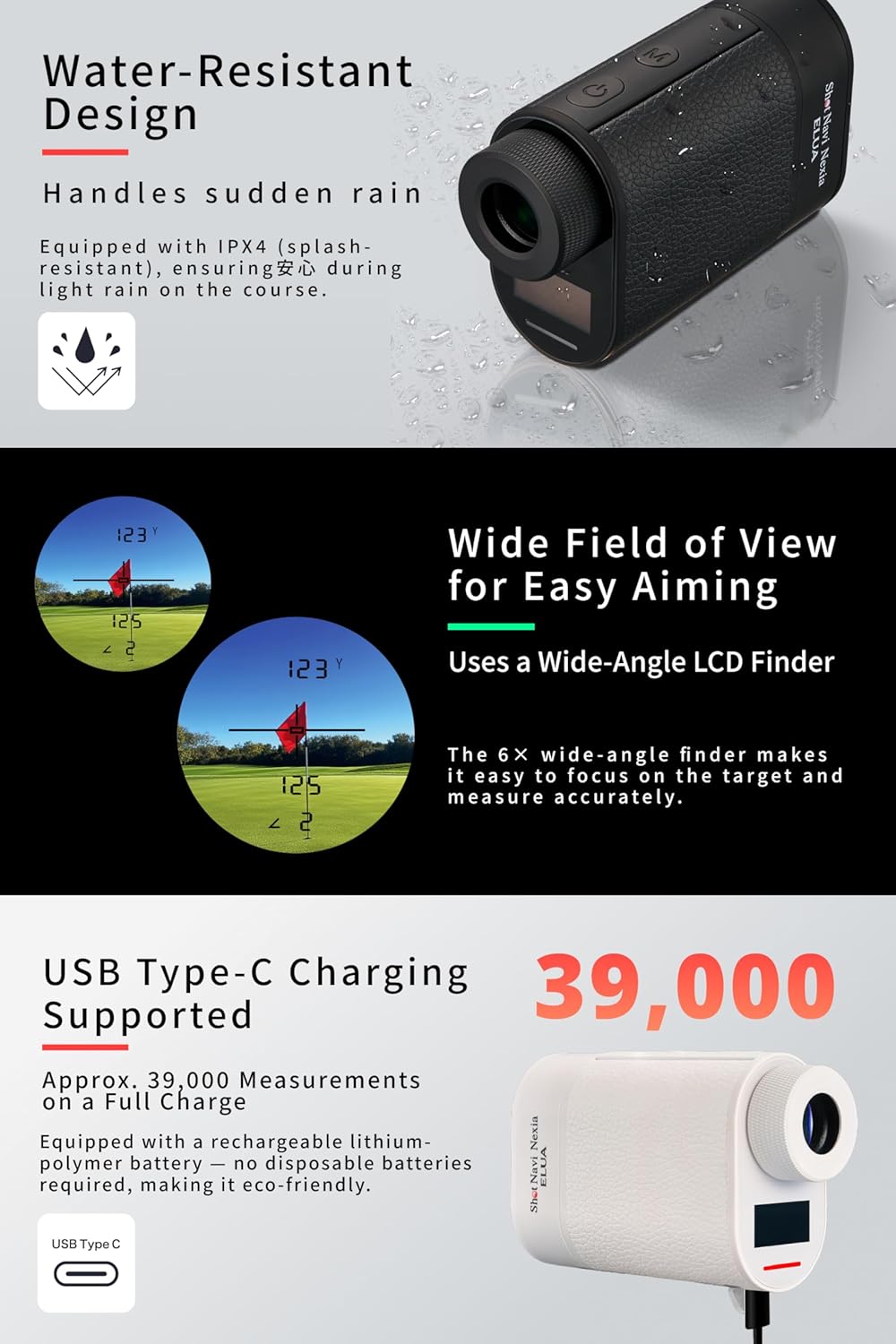Golf Laser Rangefinder with Slope, Shot Navi ELUA Series - Hazard & Flag Distance, Flag Lock & Vibration, 1312 Yards, 6X Magnification, IPX4 Waterproof, Tournament Legal