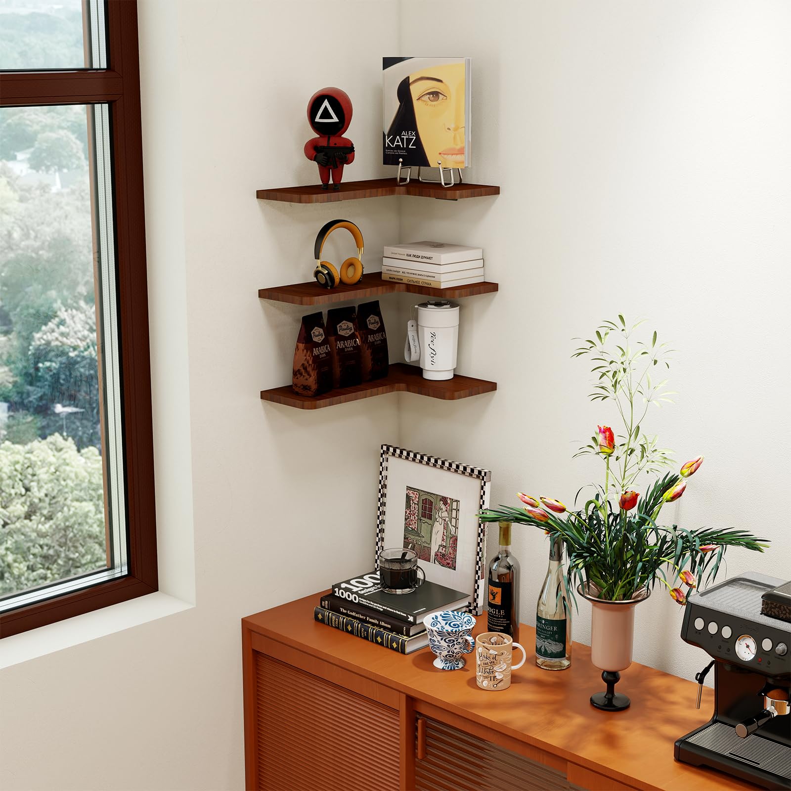 Etagere Angle Flottantes Lot de 3, Imperméable, Anti-Moisissure, Tablette Bois Murale Etagere Rangement en Bois Rustique pour Salon Chambre Bureau Salle de Bains, Cuisine