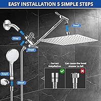 Vista 6 de Cabezal de ducha, regadera de mano y lluvia de 8 pulgadas, juego de regadera de alta presión con brazo de extensión de 11 pulgadas, cabezal de ducha