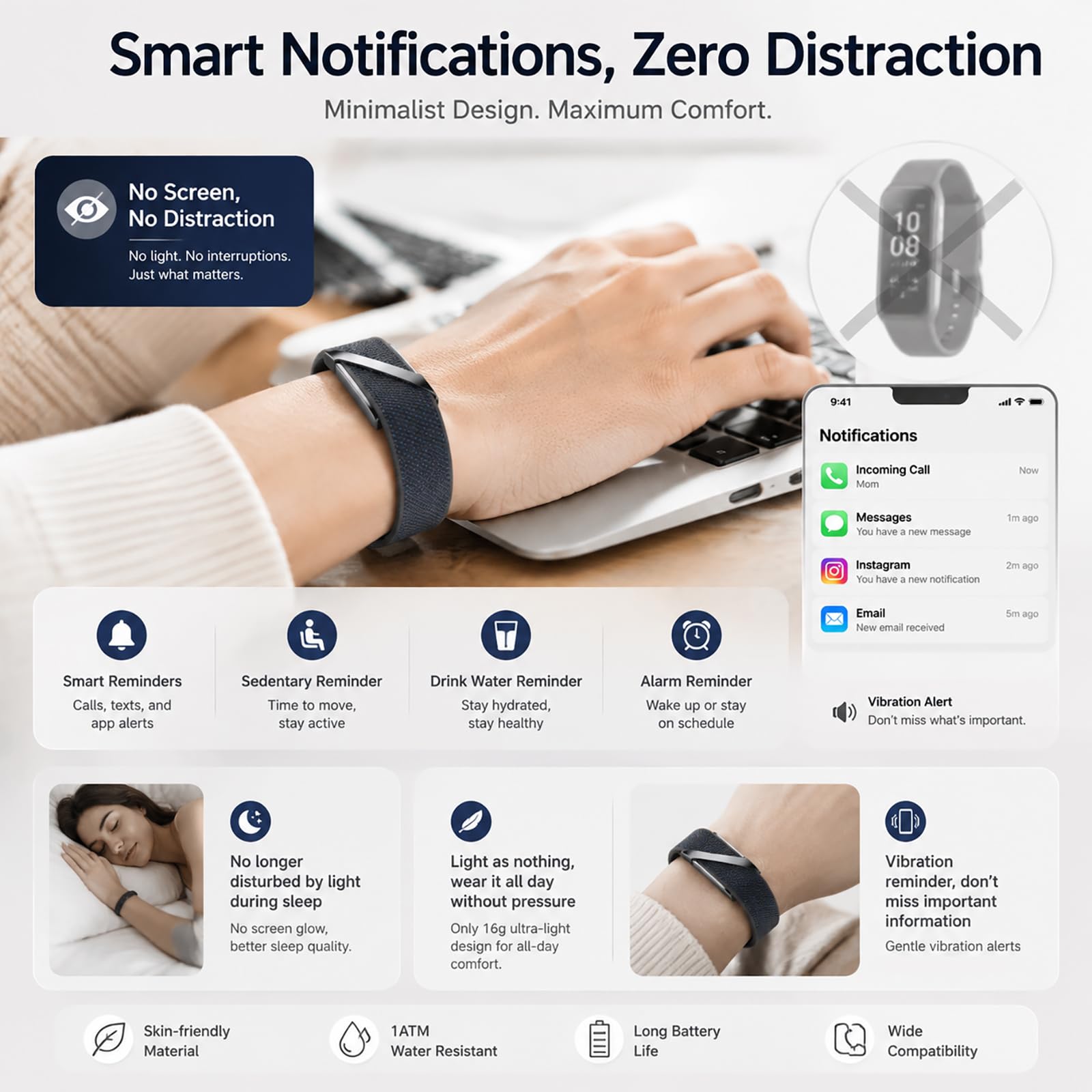 Health Fitness Tracker Smart Band Wearable Activity Tracker AI Sleep 24/7 Heart Rate Monitor Multi-Sport Tracking Screenless SOS & Fall Detection Impermeabile e Lunga Durata della Batteria per Uomini