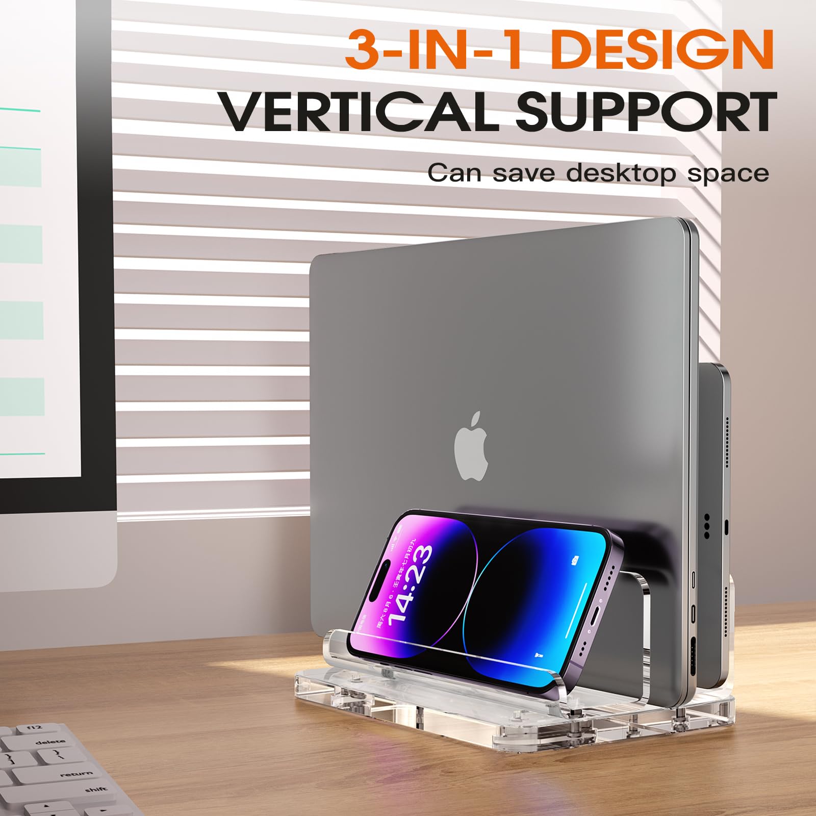 Acrylic Vertical Laptop Stand, 3-in-1 Design with Adjustable Slot Width, Suitable for Desktop Space Saving, Supports MacBook, iPad, iPhone, Chromebook, Surface, Samsung, etc