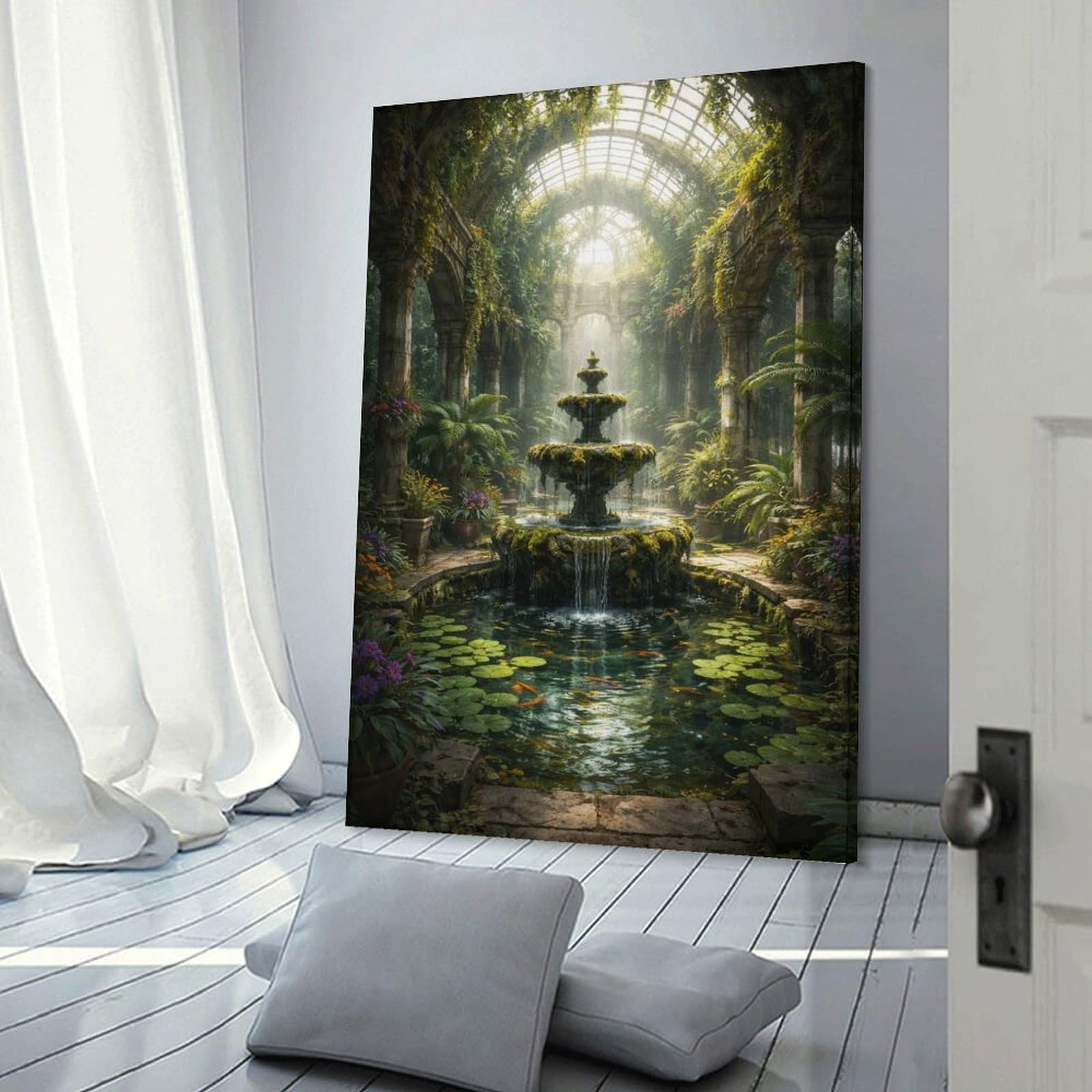 Junmoney Frame-Style-6 Wall Decor Canvas Print Greenhouse Fountain Garden, 20X30inch(50X75cm), For Living Spaces, Bedrooms Or Relaxed Rooms, A Home Accent With Warm Character
