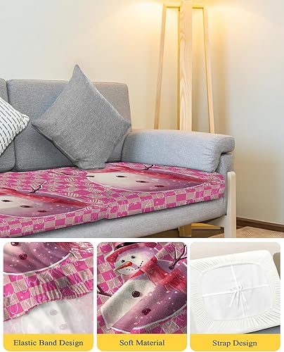 Miniatura 4 de Pink Snowman Christmas Couch Cushion Covers, Stretch Sofa Cover with Elastic Bottom, Xmas Merry Christmas Sofa Slipcovers Protector Washable