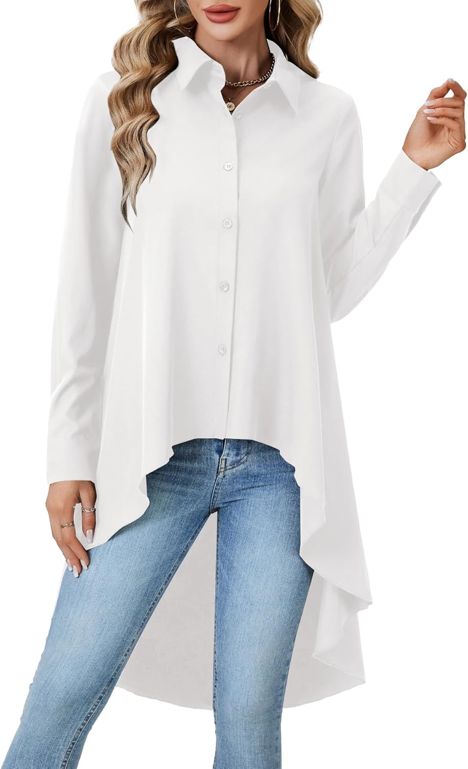 OPOIPIN Women's Button Down Asymmetrical Hem Collar V Neck Long Sleeve Blouse Top - Image 4