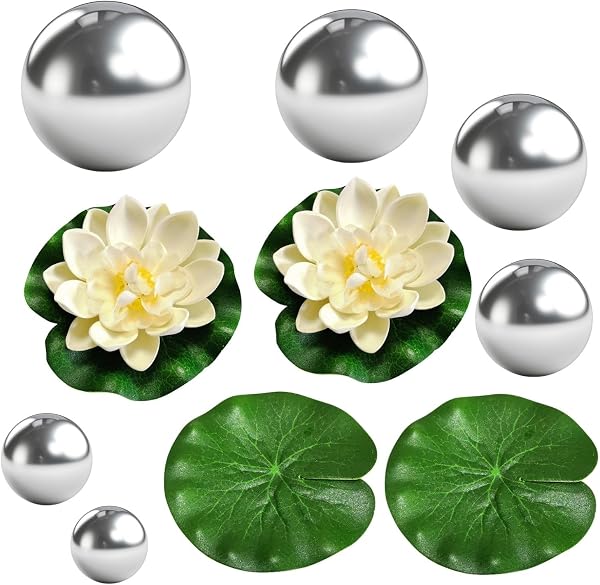 10 PCS Teich Deko Set, Edelstahl Spiegelkugel Gartenkugeln, Miniteich Komplettset, Schwimmkugeln für Miniteich, Eva Lotusblätter Dekorative, für Teich Garten Springbrunnen - 1