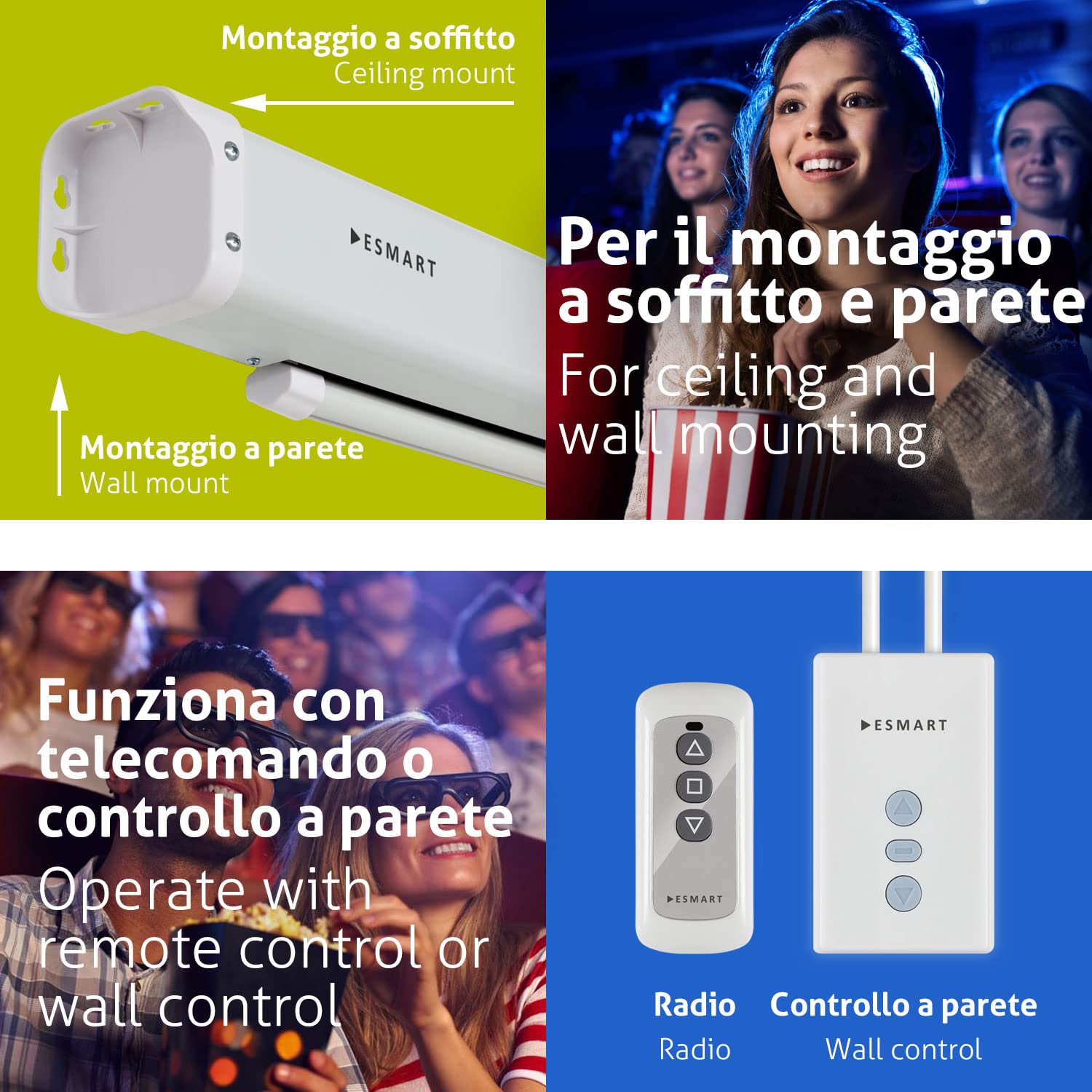 ESMART Economia EXM Schermo del motore 277 cm Immagine 240 x 180 cm (118") | Formato 4:3 | Telecomando | Schermo del motore dello schermo di proiezione del proiettore elettrico dell'home cinema LCD