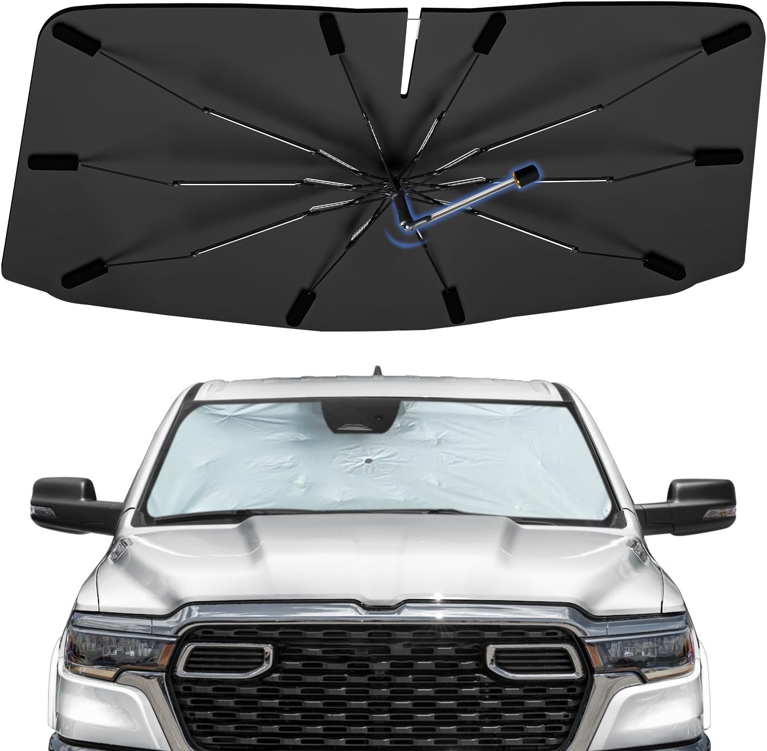 Windshield Sun Shade Umbrella for Dodge RAM 2500 2016-2026, Foldable Sunshade for Car Front Window, 360 Rotation Automotive Interior UV Protection for Outdoor Parking