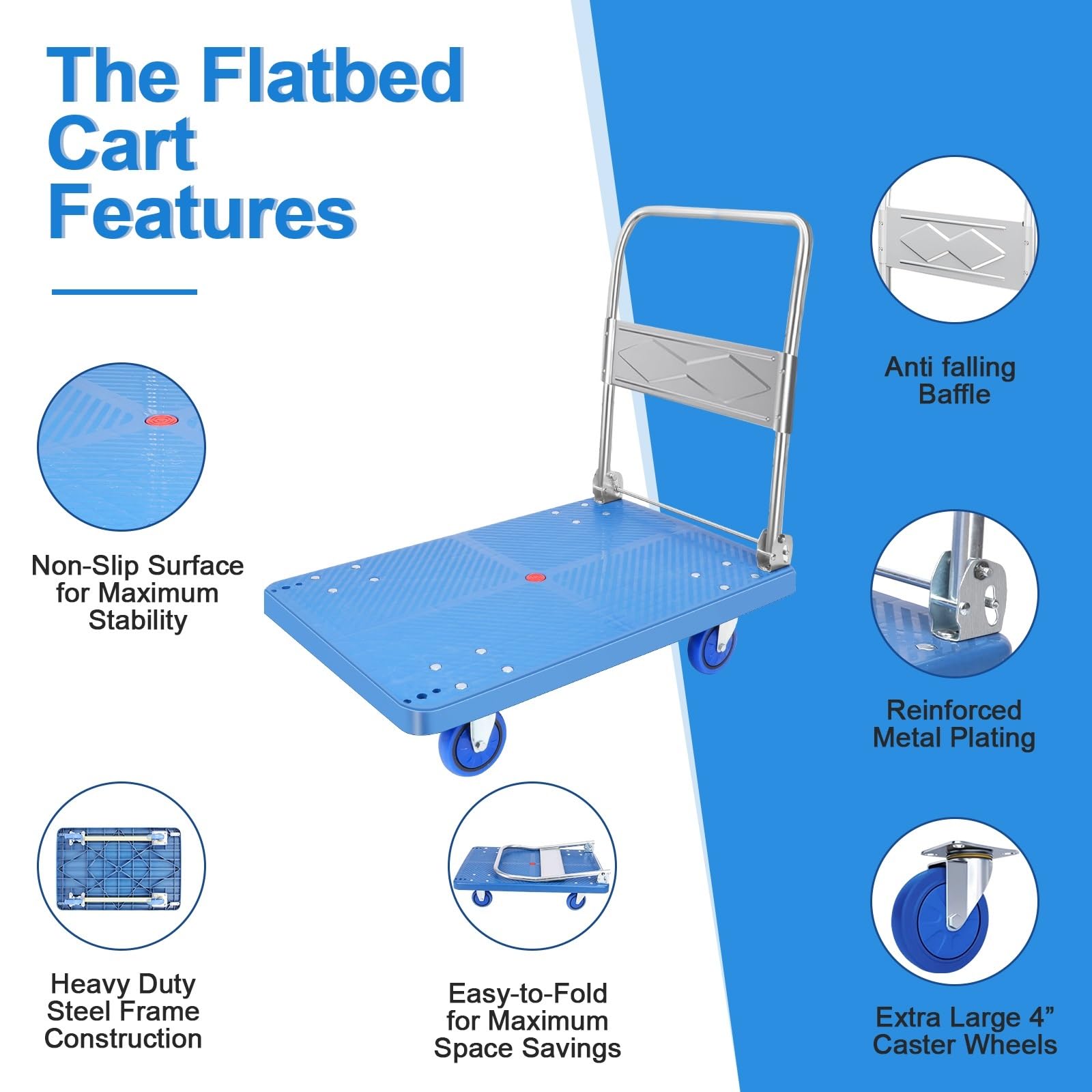 Carretillas manuales Plegables de Plataforma Camiones de Plataforma, Carrito, Plegable Acero Gran Capacidad for Trabajo Pesado, Grande(Blue)