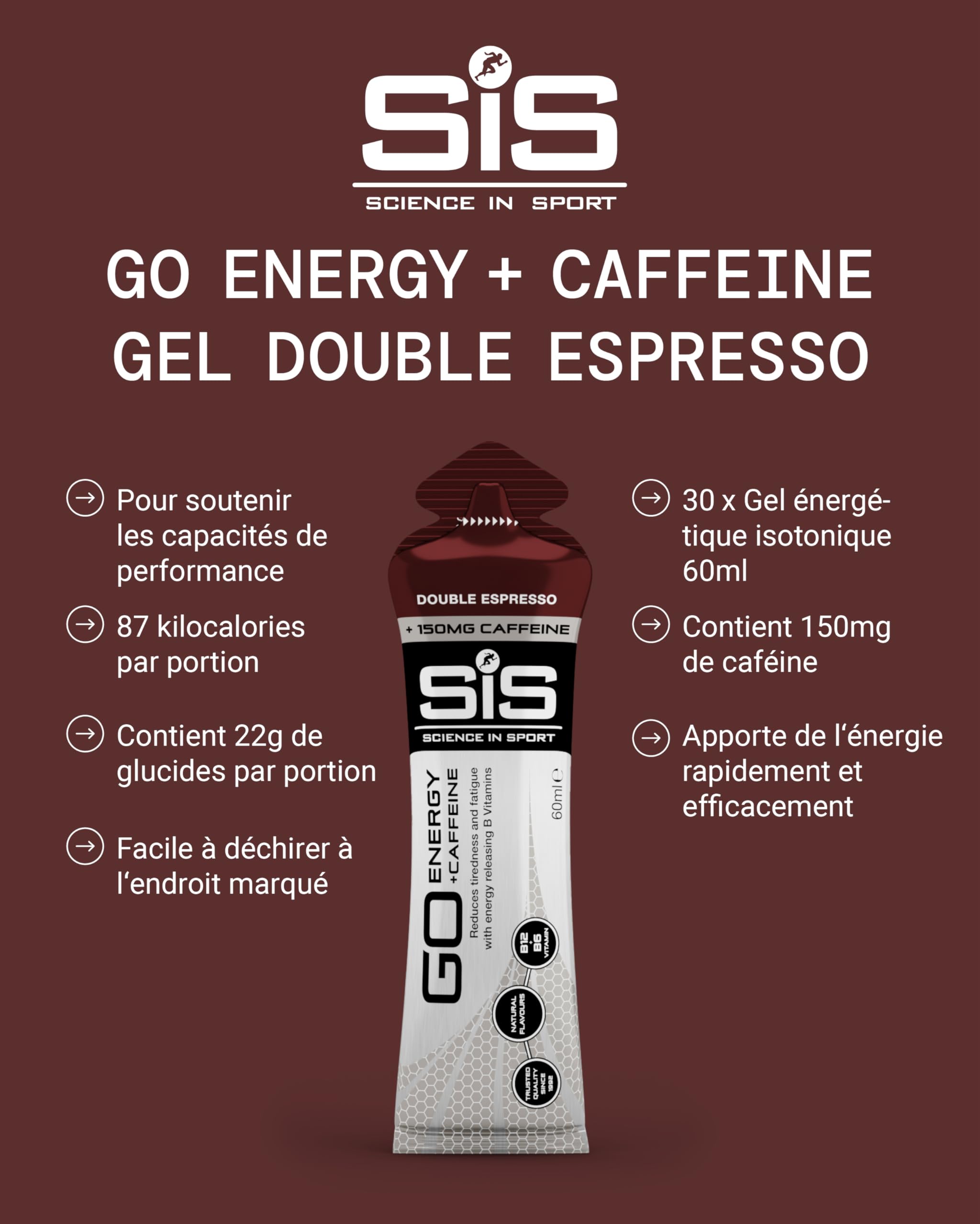 Science In Sport GO Isotonic Energy Gels, Gels de Course avec 22 g de Glucides, Faible en Sucre, Saveur Double Espresso, 60ml (30 Packs)