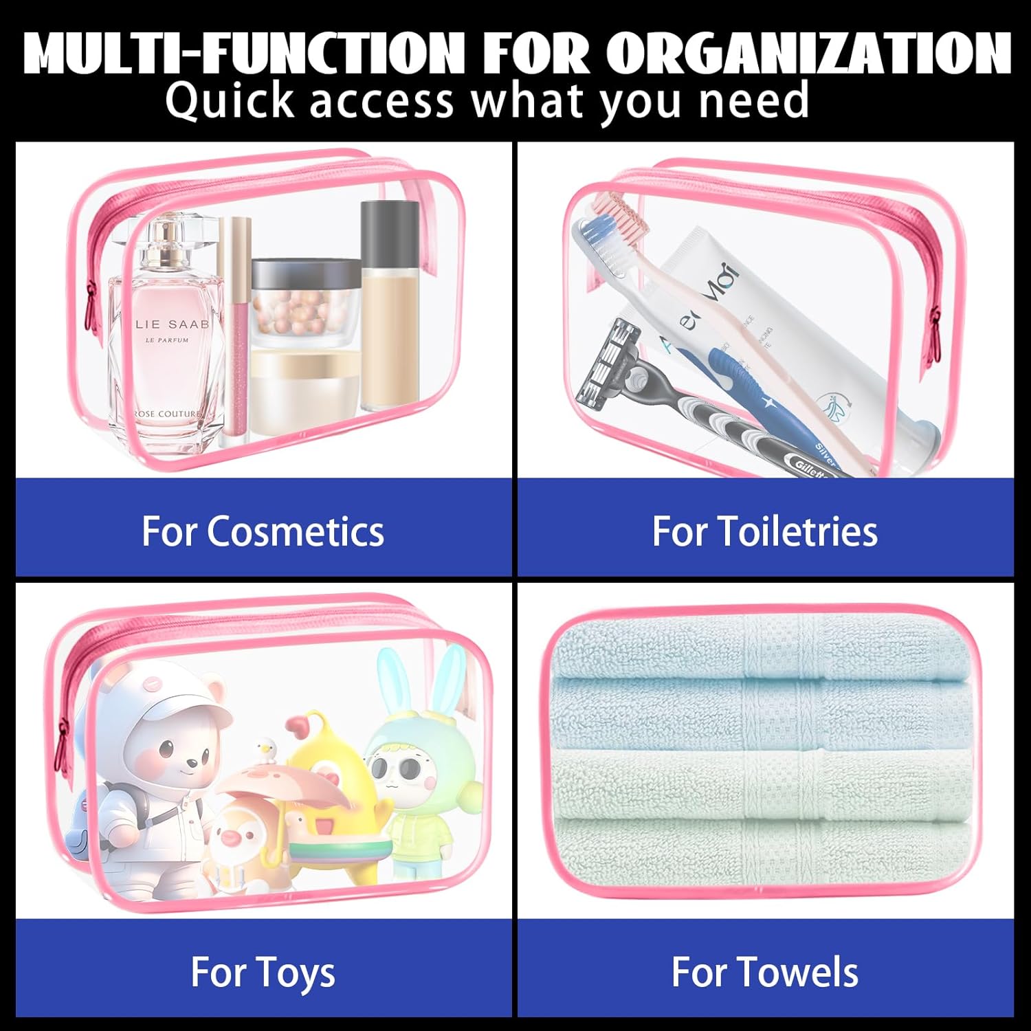 YedsIntu 16-Piece Makeup Bags, Waterproof Toiletry Bag Carry Pouch Portable Cosmetic Bag PVCTravel Clear Pouches Carry-on Travel Essentials Transparent Storage Organizer Bag (Rose Pink-M)