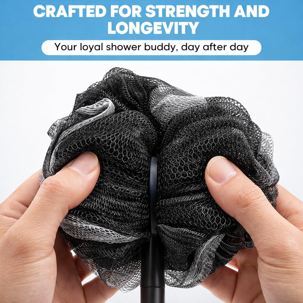 Loofah with Handle & Shower Brush Charcoal 2 Pack- Back Scrubber for Shower for Men & Women, Body Brush Ideal for Exfoliation, Back Loofah for Shower with Bath Brush, Long Handle for Shower Back Brush
