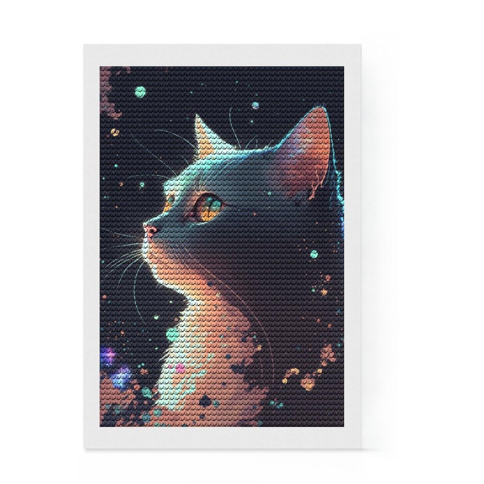 Junmoney Cat in The Stars DIY Diamond Art Canvas Kit 8"x12", Easy to Enjoy, Adhesive Canvas, Aesthetic Room Decor, Thoughtful Handmade Gift