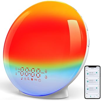 Daylight Alarm Clock Radio Alarm Clock Wake Up Light App Control Sunrise Sunset Simulation 11 Colour Light 20 Brightness 7 Natural Sounds 4 Alarms Snooze Function Bedside Lamp [Energy Class G]