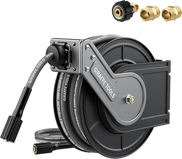 Giraffe Tools Pressure Washer Hose Reel with 1/4" × 60ft Hose, Retractable Power Washer Hose Reel, Heavy Duty Hose Reel, Auto Rewind, Wall Mounted, 4000 PSI