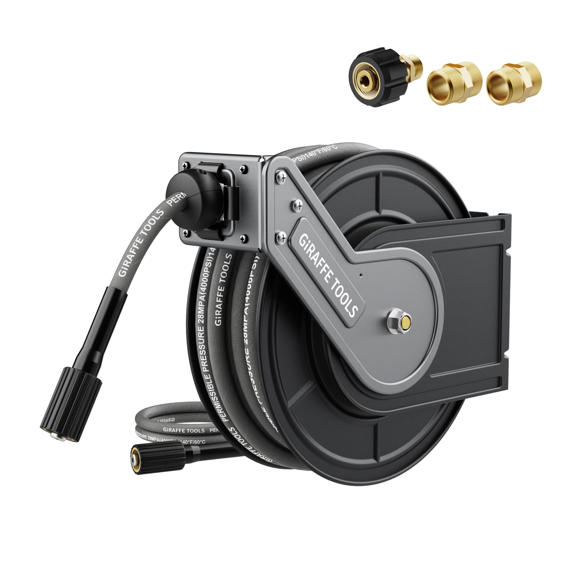 Giraffe Tools Pressure Washer Hose Reel with 1/4" × 60ft Hose, Retractable Power Washer Hose Reel, Heavy Duty Hose Reel, Auto Rewind, Wall Mounted, 4000 PSI
