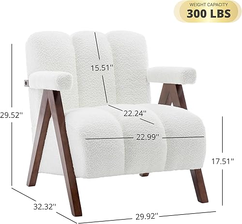 Miniatura 2 de Silla decorativa moderna de mediados de siglo con marco de madera maciza, sillas tapizadas Boucle para sala de estar con cojín grueso, cómoda silla