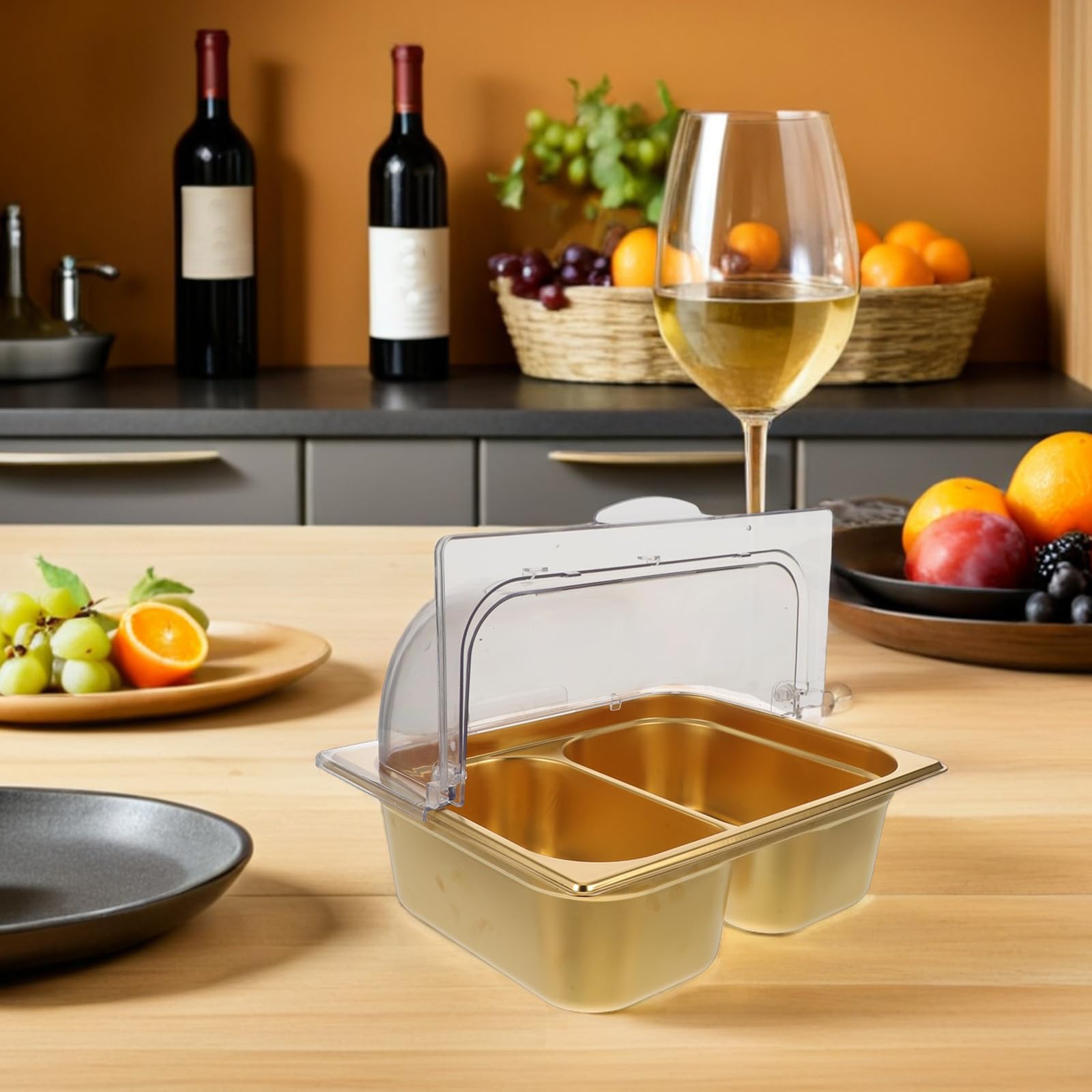 Plat de Service en Acier Inoxydable Double Compartiment pour Buffet | Finition Or, Séparation des Aliments, Nettoyage Facile, Usage Traiteur Cuisine Professionnelle