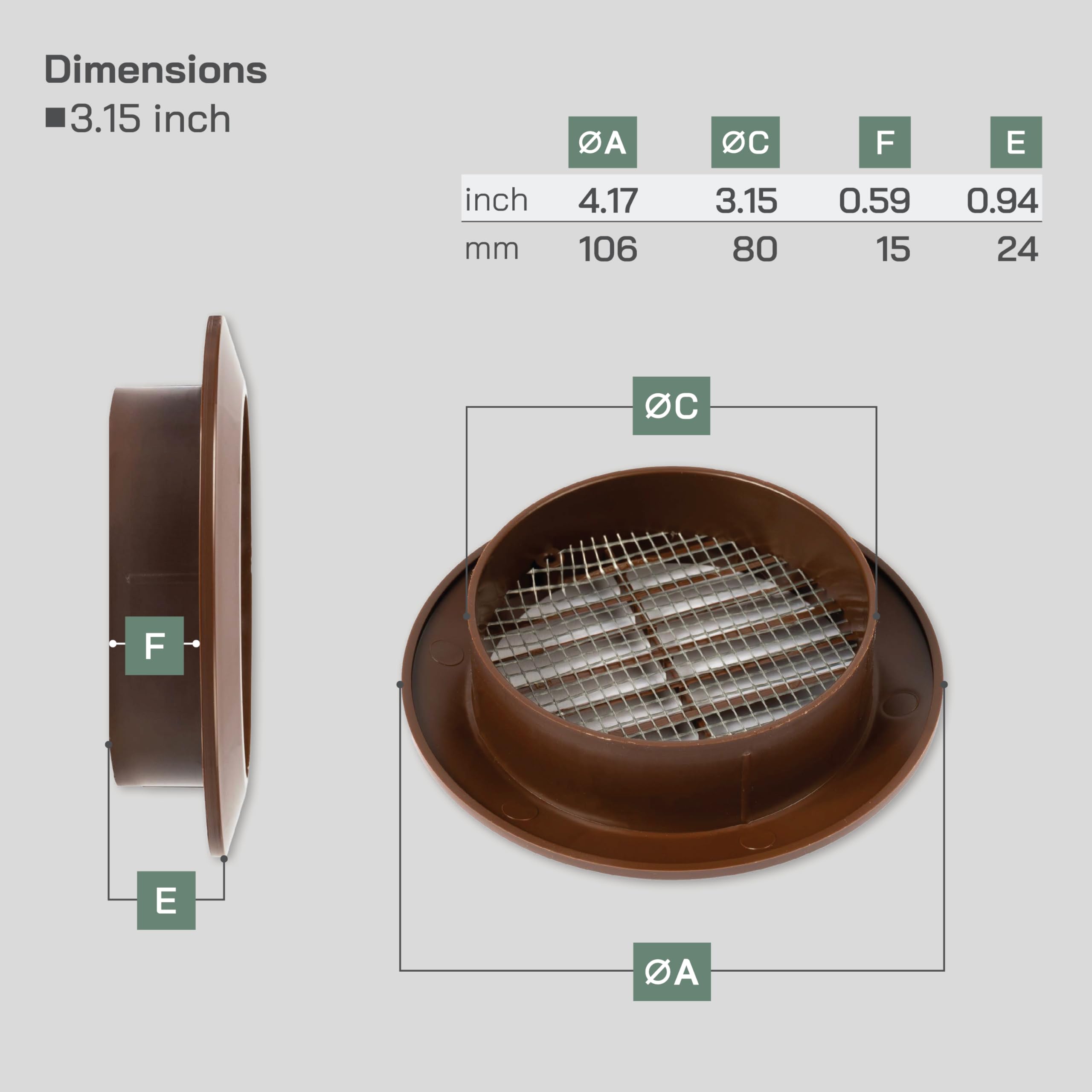 Vent Systems 80 mm / 3.15'' Inch, Brown Air Vent Cover, Round Air Vents, Ventilation Grille, Integrated Insect Screen - Image 2