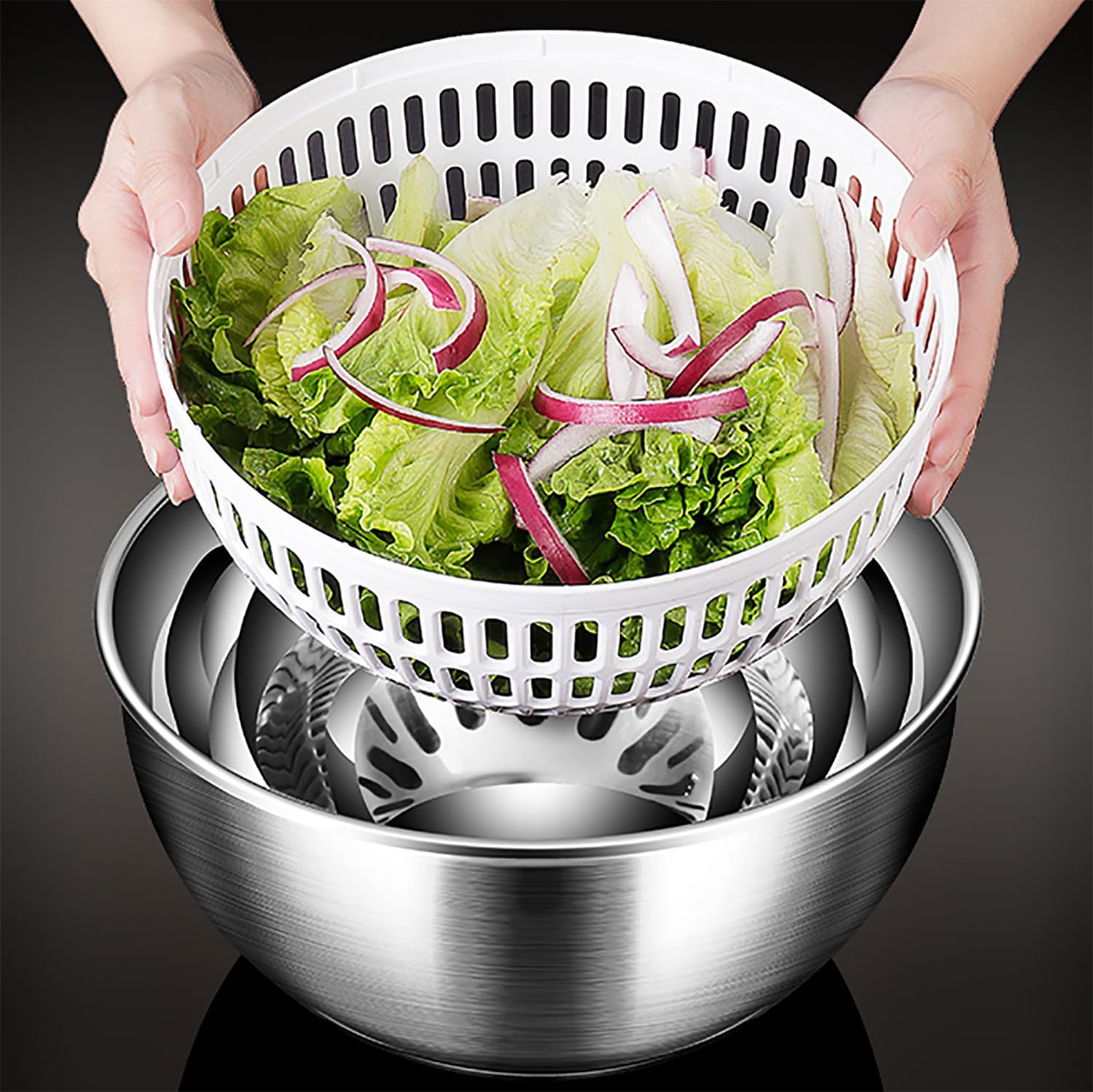 COYEUX 3.5L Stainless Steel Salad Spinner, Push Type Salad Spinner, for Salad, Vegetables, Herbs, Berries