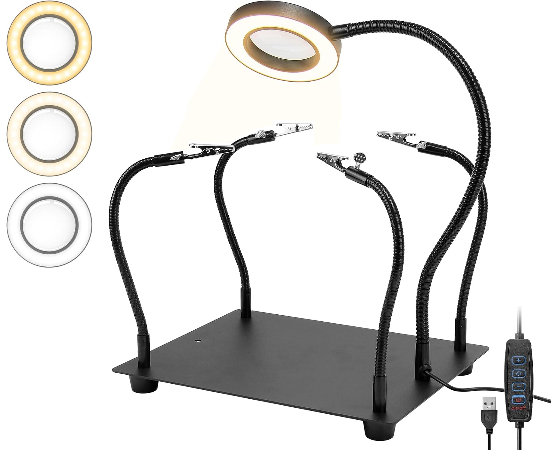 Troisième main - Aide à la soudure troisième main avec 6 loupes lumineuses - Station de soudage avec 4 bras flexibles et lampe loupe LED - Aide à la soudure pour soudeurs, fabricants de bijoux