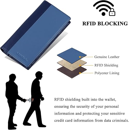 Miniatura 5 de VISOUL Billeteras largas de cuero con bolsillo con cremallera para hombres y mujeres, bloqueo RFID, billetera alta para secretaria de efectivo (azul