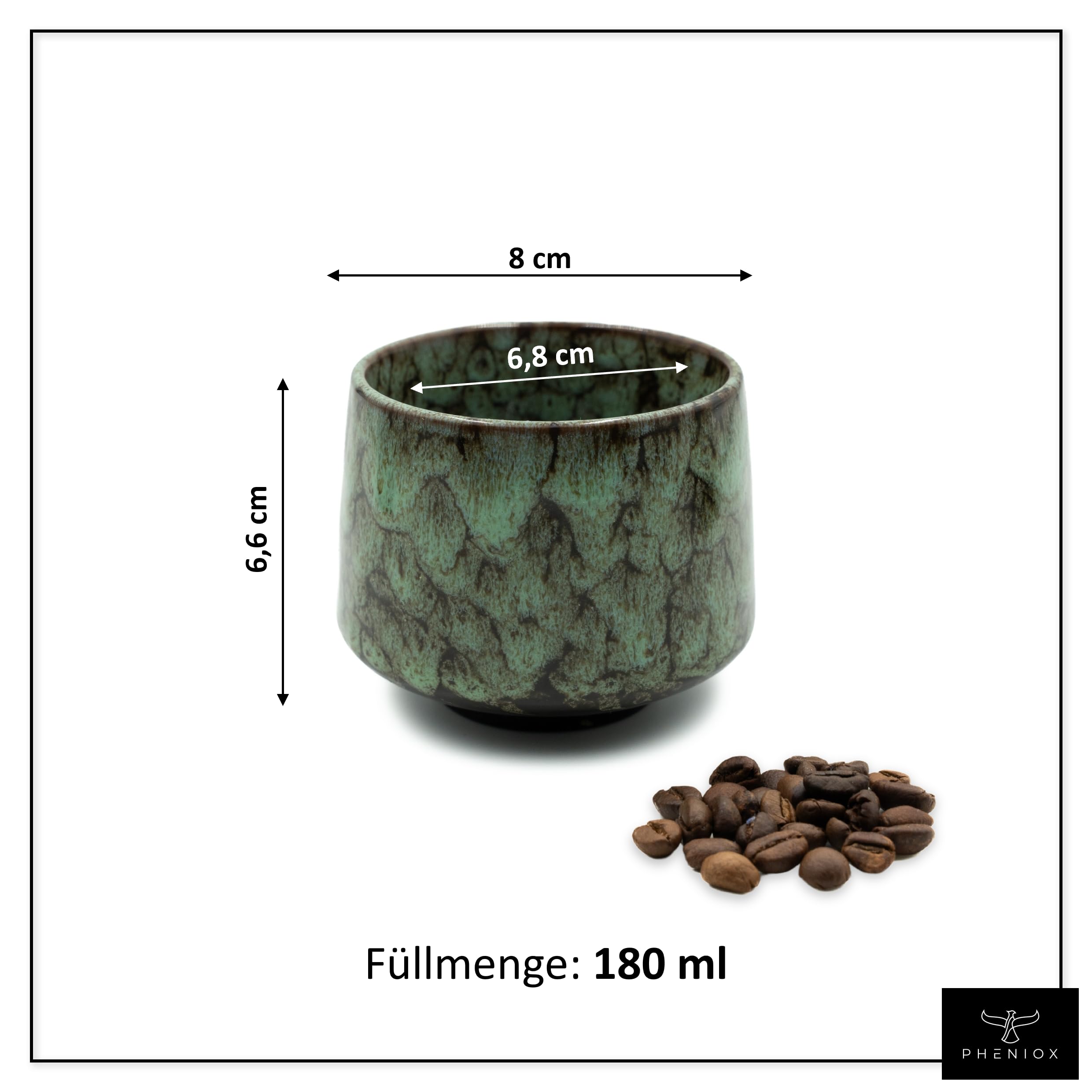 Pheniox Cappuccino-Tassen-Set Tibet Grün, 4 x 180 ml, Steingut, ohne Henkel, spülmaschinen- und mikrowellenfest, Geschenkbox