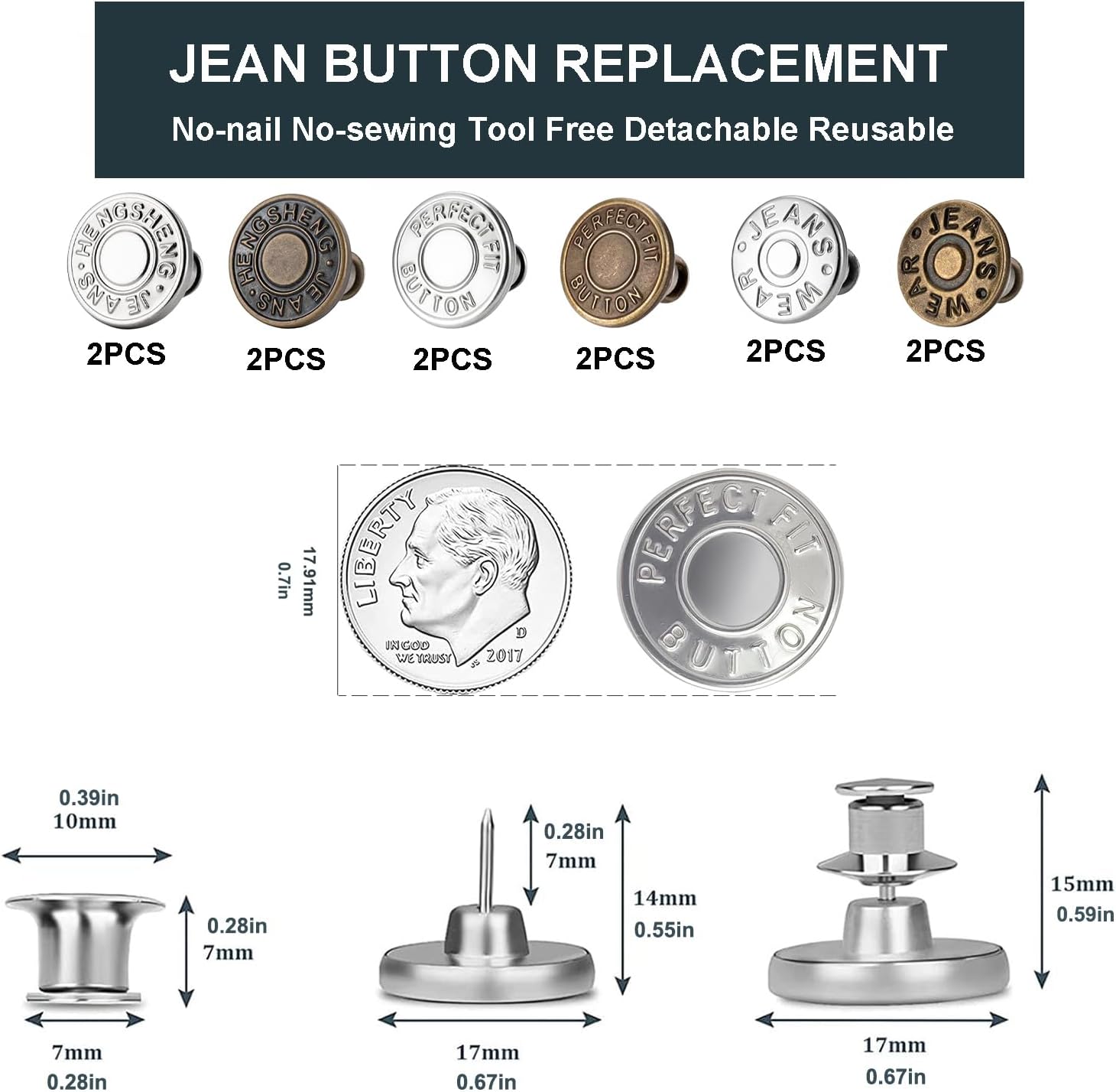 ZENGLU 12 Sets Jean Buttons for Loose Jeans No Sew Button for Jeans Instant 17mm Replacement Button Adjustable Pants Buttons Waist Tightener