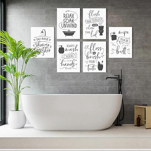 Miniatura 2 de IARTTOP 6 letreros divertidos para baño, decoración de pared, arte en lienzo para relajarse, remojar y relajarse, impresiones en blanco y negro,