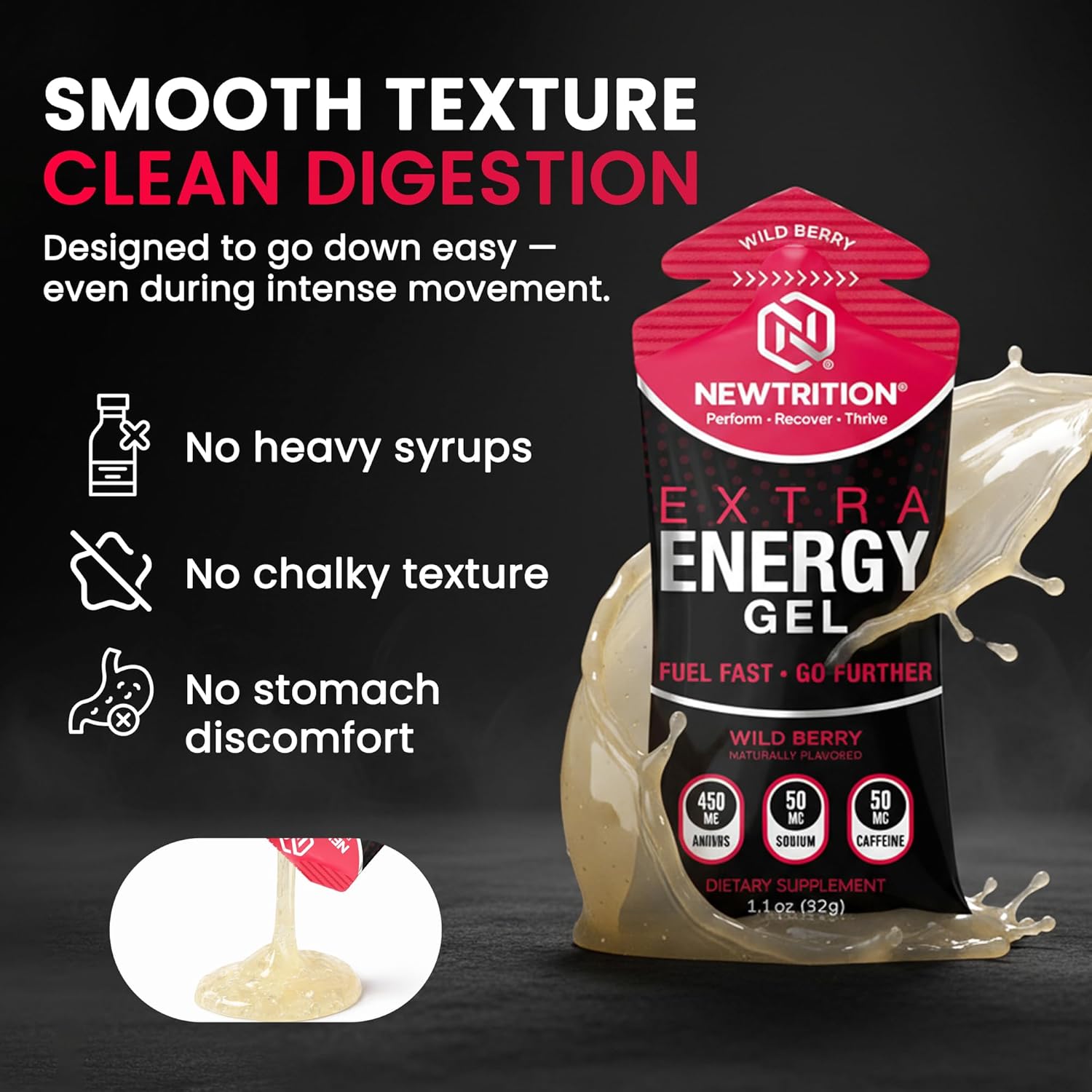 NewTrition® Extra Energy Gel Variety Pack - Fast Fuel with 50mg Caffeine, Amino Support, Smooth Texture, Electrolytes - Easy Digestion Running Gel for Cycling & Running