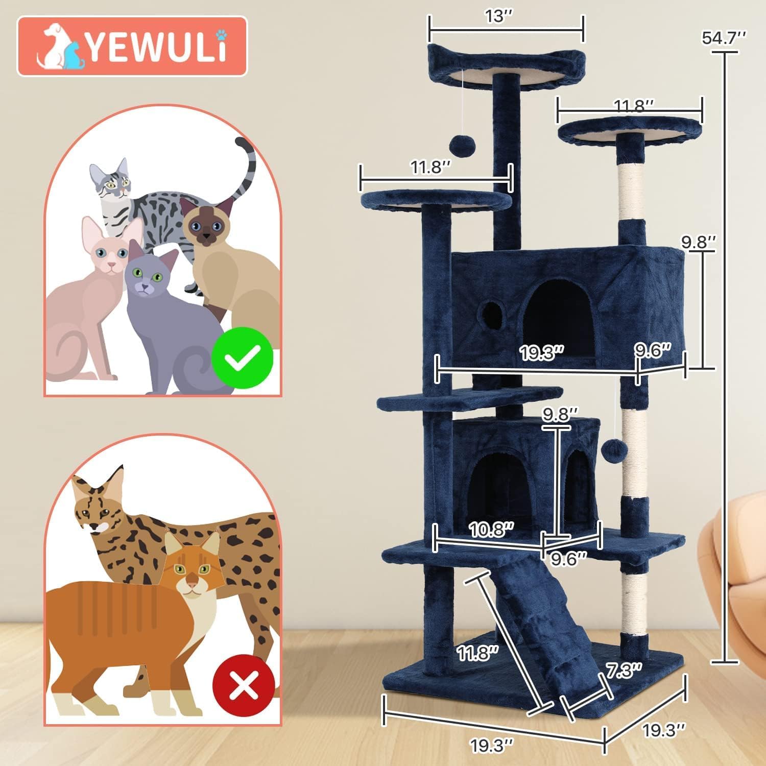 54in Cat Tree Cat Climbing Tower with Scratching Post, Cats House Perch Kitten Tree Condo Wood Playhouse, Pet Trees Tower for Indoor Cats, Navy Blue