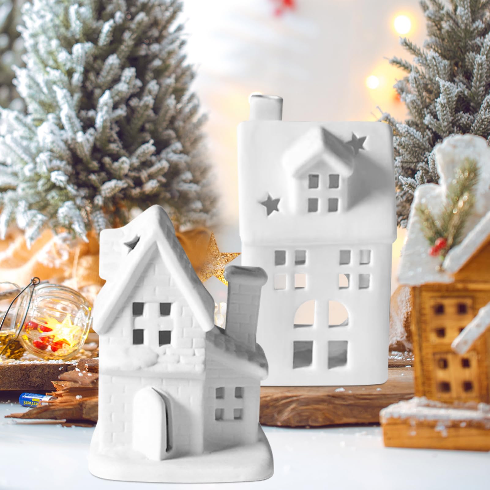 Weihnachtsdeko Weihnachtsdorf Beleuchtet, Porzellan Häuser Weiß Deko Weihnachten Innen Nachtlicht, LED Lichthaus Weihnachten Deko Weihnachtsdorf Häuser Lichthäuser Keramik Weihnachtsdeko Weiß (SET)