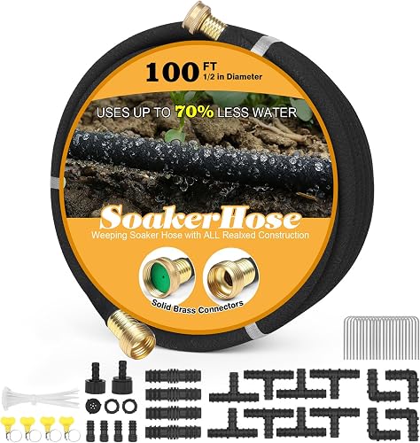 Soaker Hose 100ft for Garden Beds Solid Brass Interface Irrigation Save 70% Water Heavy Duty Rubber 1/2" Diameter Great for gardens/flower beds Accessories Contain Various Connections