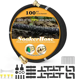 Soaker Hose 100ft for Garden Beds with Brass Interface and Heavy Duty Rubber
