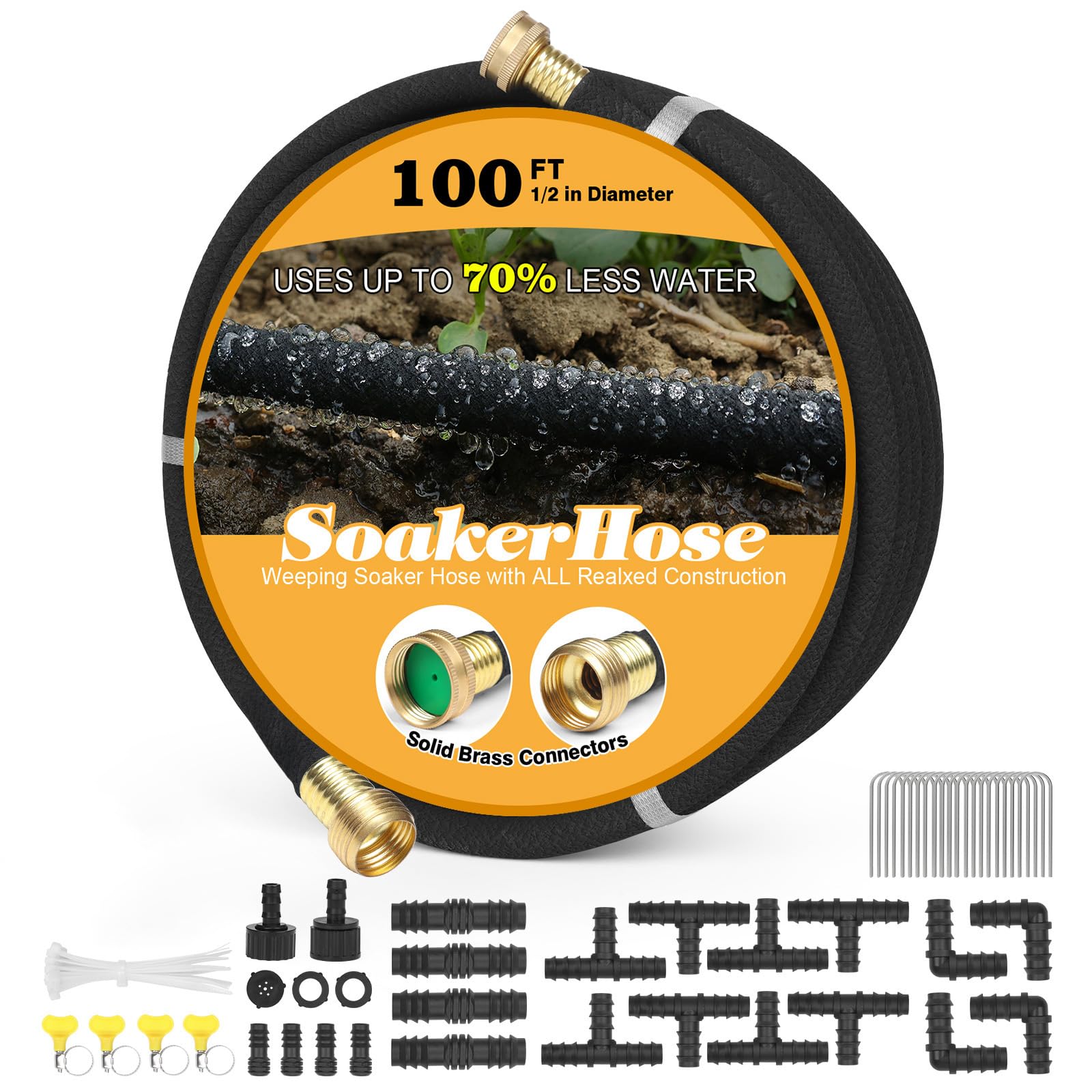 Manguera de remojo de 100 pies para camas de jardín, interfaz de latón macizo, riego, ahorra un 70% de agua, goma resistente de 1,27 cm de diámetro, ideal para jardines y parterres. Accesorios que