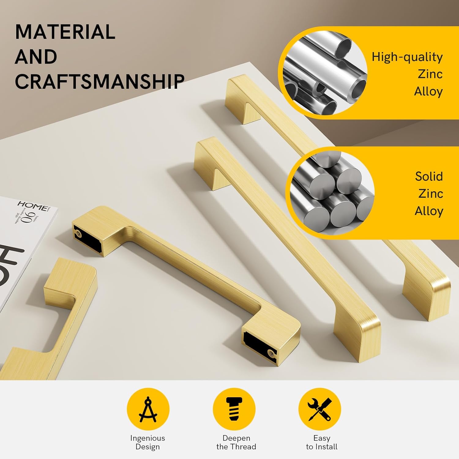 Rergy Cabinet Pulls Kitchen Handles for Cabinets, 10Pack Gold 5inch Hole Center, Square Drawer Hardware Zinc Alloy Dresser Handle for Cupboard