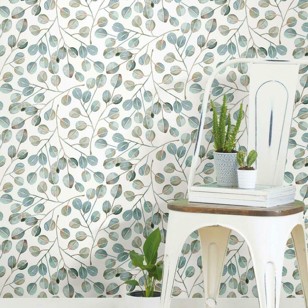 RoomMates RMK11629WP Cat Coquillette Eucalyptus Blue and White Peel and Stick Wallpaper, 52.1 x 502.9 cm